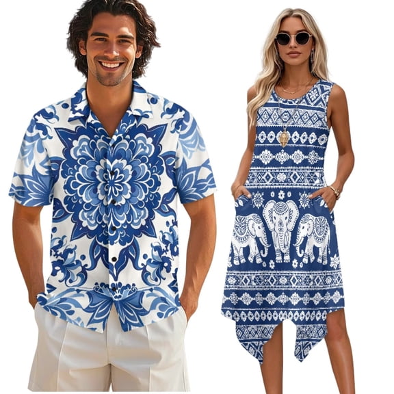 Psesaysky Matchable Couples Outfit,Bohemian Mandala Elephant Stripe Print Womens Dress Matching Mens Shirts Plus Size Sleeveless A Line Flared Sundress and Buttons Shirts,S-5XL