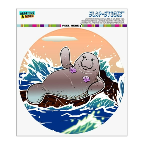 Waving Manatee Mermaid On Rocks And Waves Funny Automotive Car Window Locker Circle Bumper Sticker