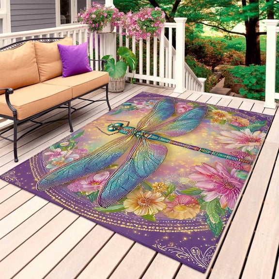 Purple Dragonfly Outdoor Rug 4x6 Ft, Non Slip Washable Area Rug, Colorful Flowers Watercolor Chic Floral Plant Patio Rugs Carpet Runner, Large Floor Mat for Indoor/Outdoor Deck Porch Camping
