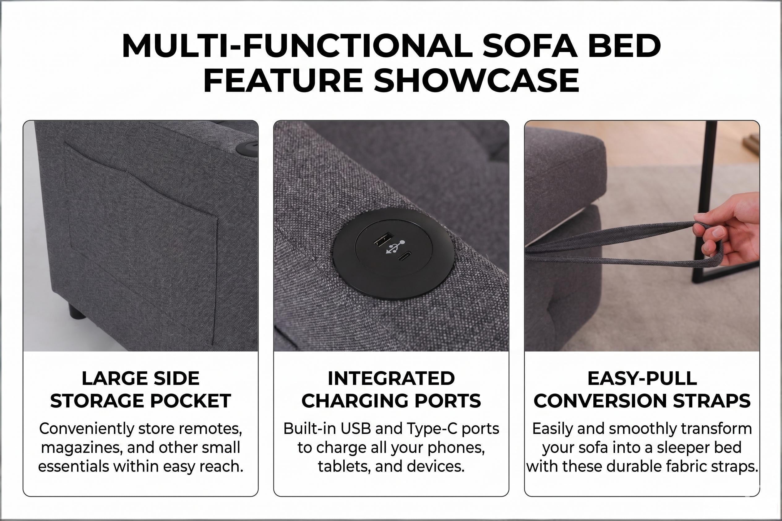 Howcool 3-in-1 Sleeper Chair Convertible Pull Out Bed Adjustable Armchair Sofa Bed with USB & Side Pocket