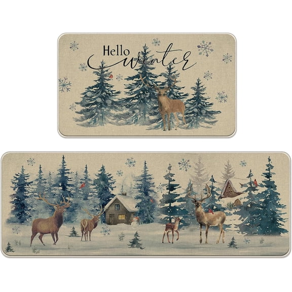 Hello Winter Wonderland Kitchen Rugs Set of 2, Watercolor Forest Animals Pine Tree Reindeer Cabin Floor Mats Decor, Farmhouse Rustic Christmas Door Mat Home Decorations - 17x29 and 17x47 Inches