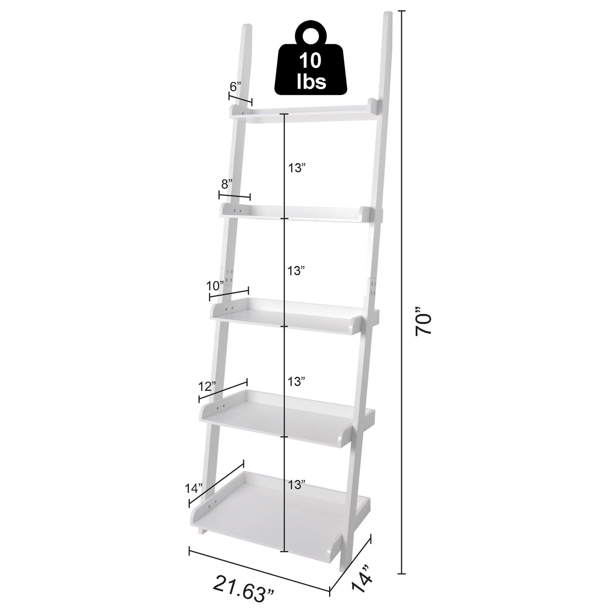 eHemco 5 Tier Ladder Leaning Wall Bookcase, Storage Bookshelf, 70 Inches, White