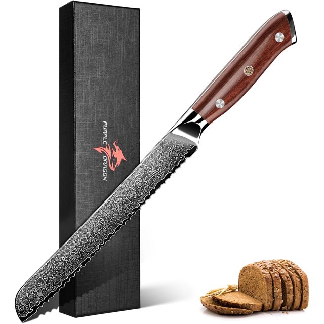 Purple Dragon Damascus Bread Knife 8 Inch, VG10 Steel Serrated Knife for Homemade Sourdough Bread, Cake and Fruit, Razor-Sharp Chef's Knife with Gift Box