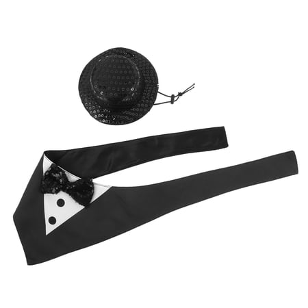 OULII 1Set Elegant Black Dog Tuxedo Bandana and Hat Set Perfect for Party and Wedding
