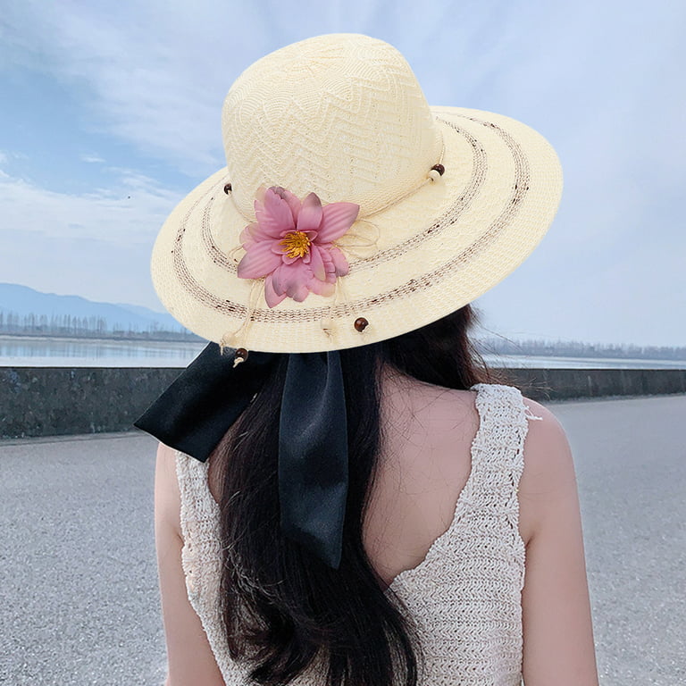 Cheap Hats for Women Summer Braided Beach Sun Hat Solid Color Sunshade Lady  Sun Visor 6cm Brim Sunhat Trav