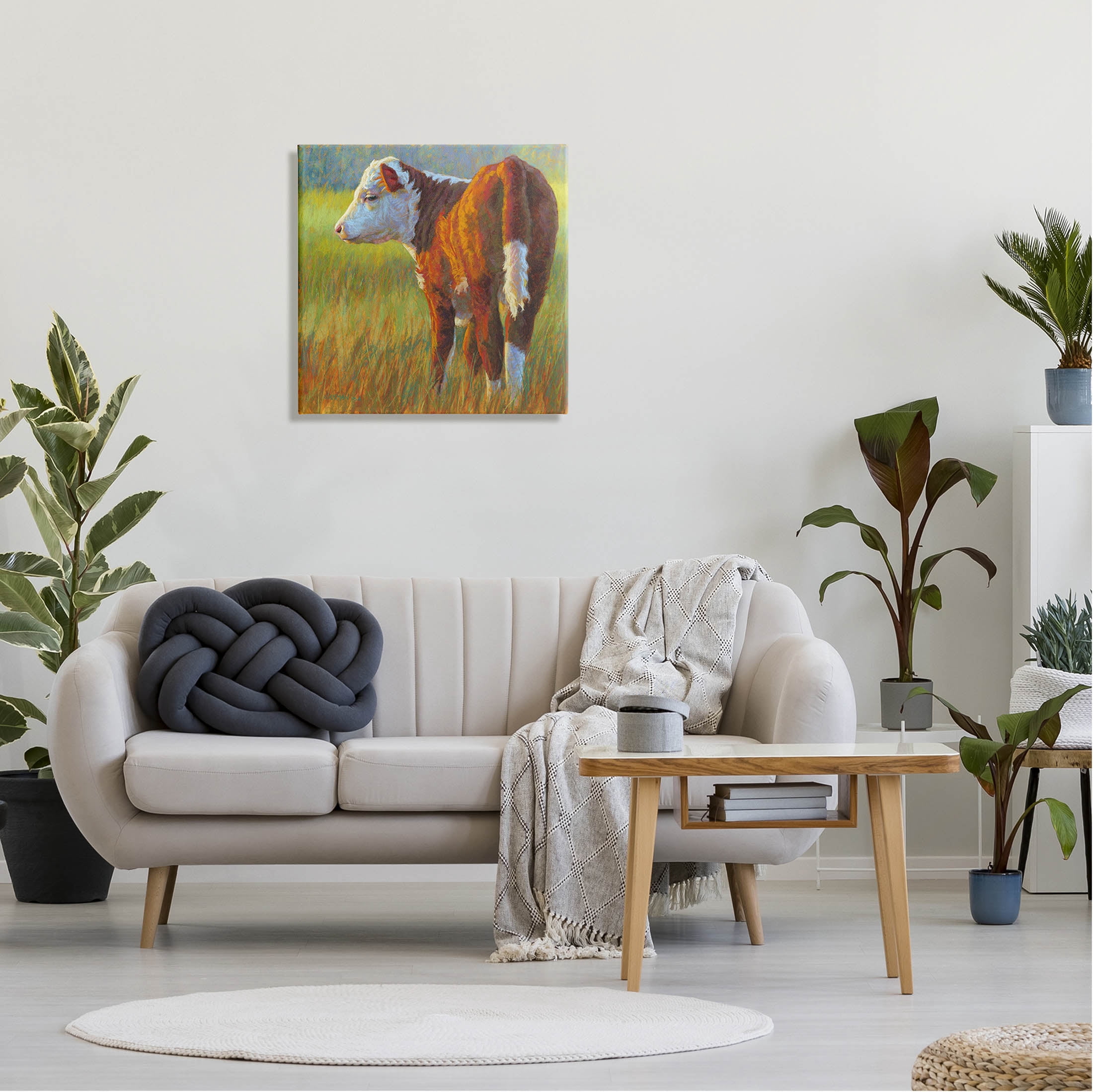 Cow Grazing Grassy Farm Animals & Insects Painting Gallery Wrapped Canvas Print Wall Art