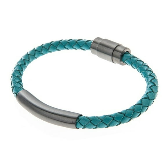 Arista Men's Bracelet in Green Leather Gunmetal Plated Solid Stainless Steel, 8.5"