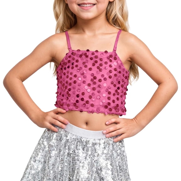 YUQIN Soft Tops Girls Sequin Tank Tops Sleeveless Adjustable Spaghetti Strap Crop Cami Top Carnival Sparkly Dance Blouse For Children Stylish Tee Shirts