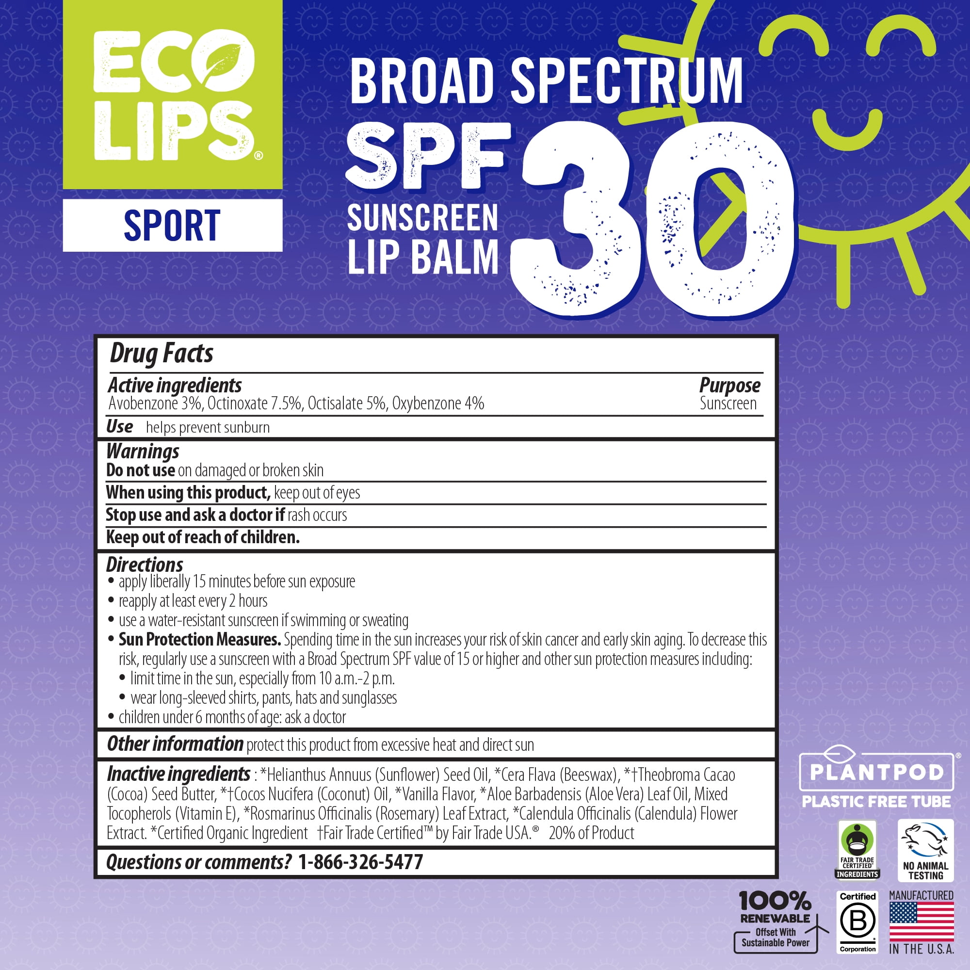 Eco Lips Classic Plant Pod Sport Broad Spectrum SPF 30 Sunscreen Lip Balm, 6 Pack