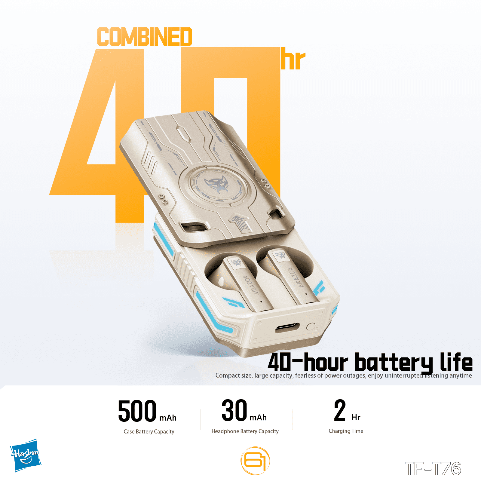 Transformers TF-T76 True Wireless Bluetooth 6.0 Earbuds with Mic, Mecha Zinc Alloy Armor Case, Low-Latency Game/Music Modes, Hi-Fi 13mm Drivers, HD Calling, 40H Total Playtime – Airazor Beige