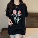 thumbnail image 3 of Youngsters' Black Short Sleeve T-Shirt - Geometric Tulip Floral Print, Breathable Stretchy Fabric, Machine Washable Summer Casual Top for Boys & Girls, 3 of 6