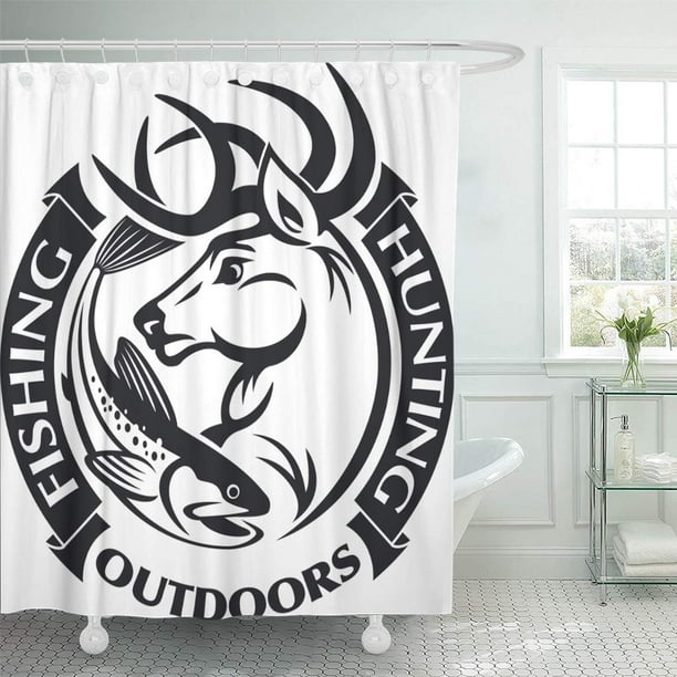 SUTTOM Red Buck Hunting and Fishing Badge Decal Deer Antlers Shower Curtain  66x72 inch