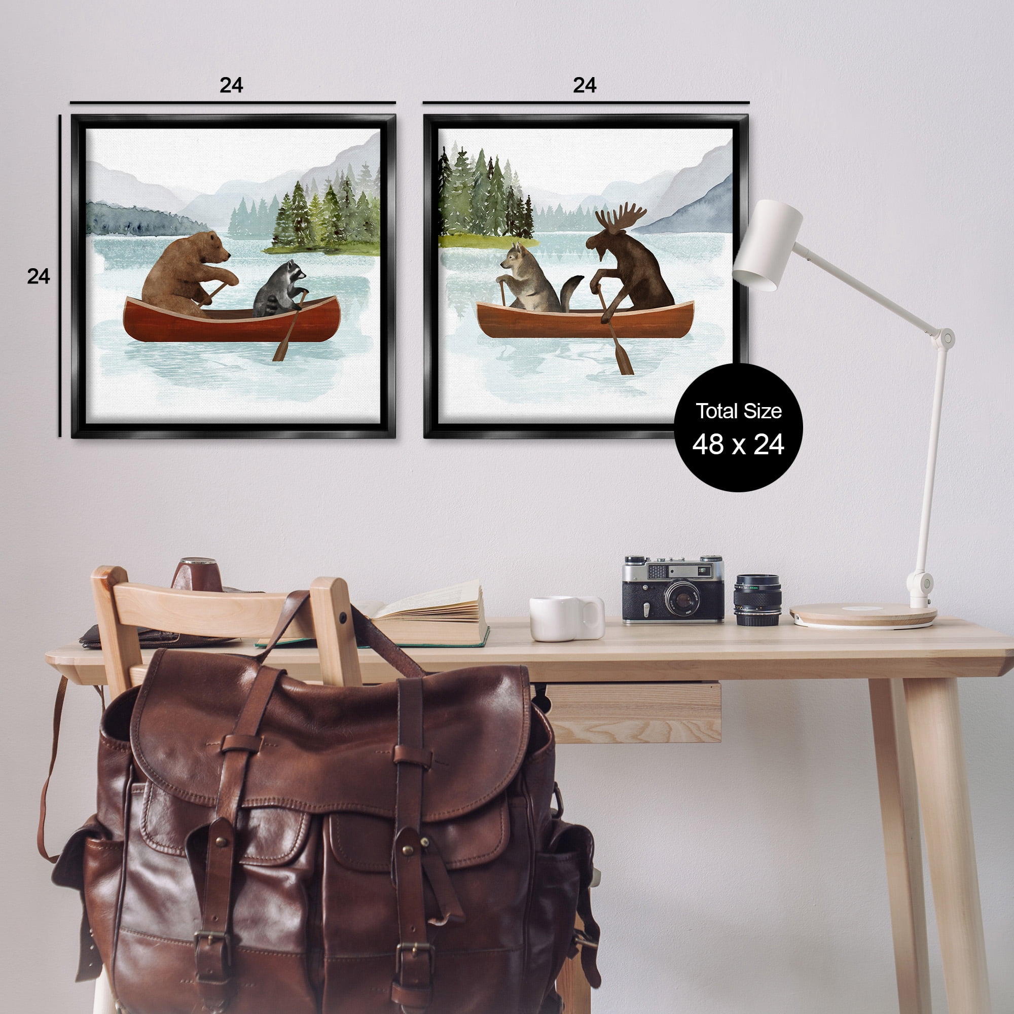 Stupell Industries Woodland Animals on Canoes Animals & Insects Painting Black Floater Framed Canvas Art Print Wall Art, 25 x 25, Set of 2