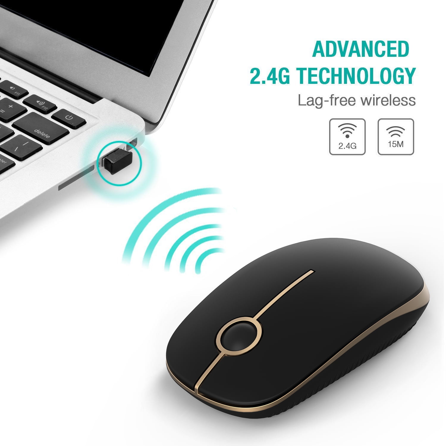 Jelly Comb 2.4G Slim Wireless Mouse with Nano Receiver, Less Noise, Portable Mobile Optical Mice for Notebook, PC, Laptop, Computer, MacBook MS001, Black&Gold