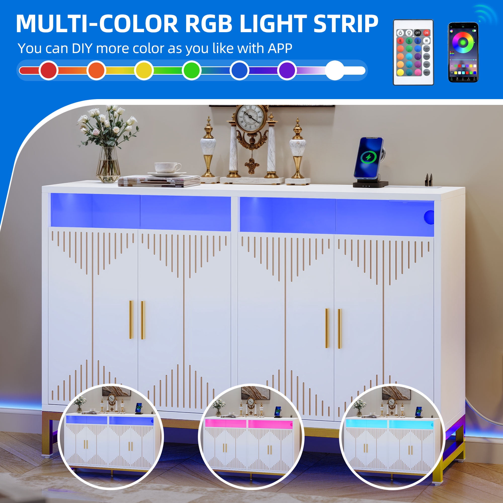 Uforic 47" Buffet Sideboard Cabinets with LED Light, Modern Coffee Bar Cabinet with Power Outlet, Kitchen Storage Cabinet with 4 Door & Open Storage, Accent Cabinet Cupboard Console Table