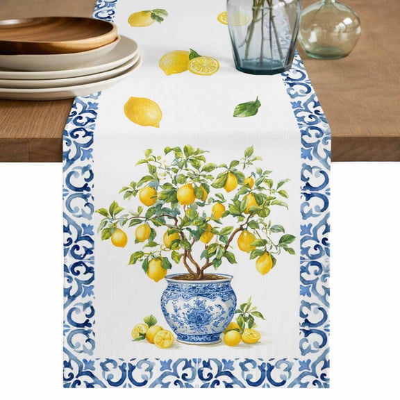 Summer Lemons Table Runner 60 Inches, Farmhouse Fruit Blue Geometric Watercolor Bed Runner Dresser Scarves Tabletop for Indoor Outdoor Parties/Ceremony/Banquet, 13" x 60"