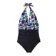 thumbnail image 1 of Traje de baño de una pieza para mujer, traje de baño fruncido con cuello en V y Espalda descubierta, estampado Floral, para nadar en verano, flor azul XXL, 1 of 6