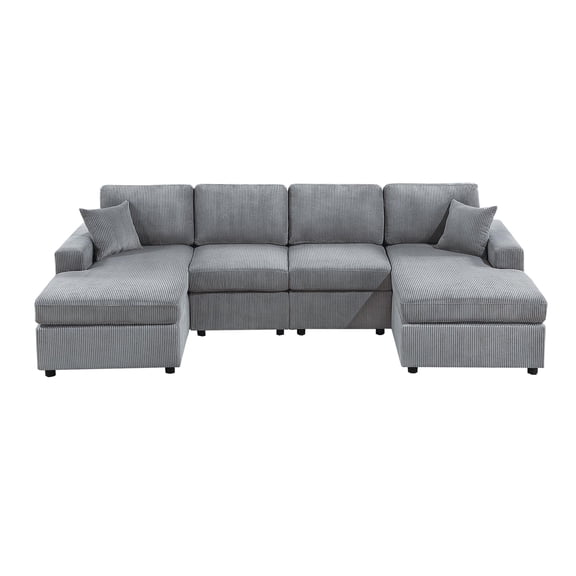 Poundex Upholstered Foam Corduroy U-Shaped Sectional in Light Gray