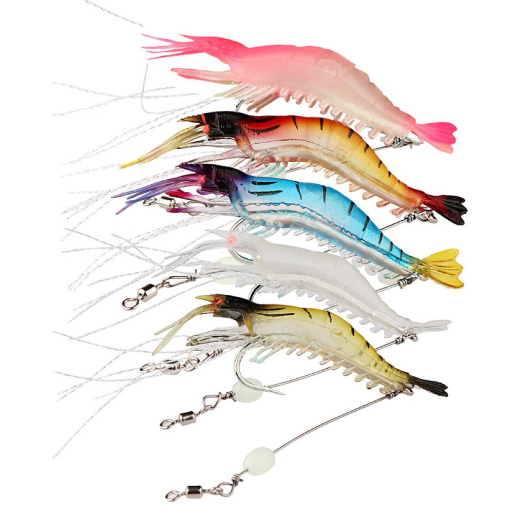 5pcs Luminous Shrimp Lures Soft Baits Artificial Baits with Fishing Hooks Beads 