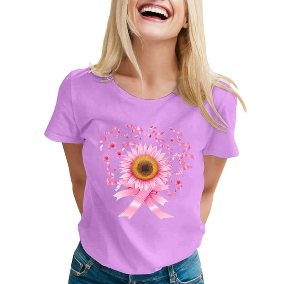 Women Cancer Awareness Shirts: Cute Summer Graphic Shirts Vintage Boho Flowers Short Sleeve T Shirt Cancer Care Short Sleeve Tee Top (Purple, XL)