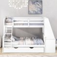 thumbnail image 3 of Hassch Twin-Over-Full Bunk Bed with Trundle, Built-in Desk, 3 Storage Drawers and Shelf, Solid Wood Bunk Bed with Trundle and Guardrail, White, 3 of 9