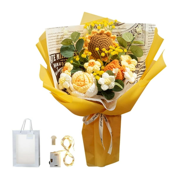 Ramo de flores de ganchillo completo, ramo de flores artificiales, decoraciones para el Día de San Valentín, ramo tejido para Festival, cafetería y , Amarillo