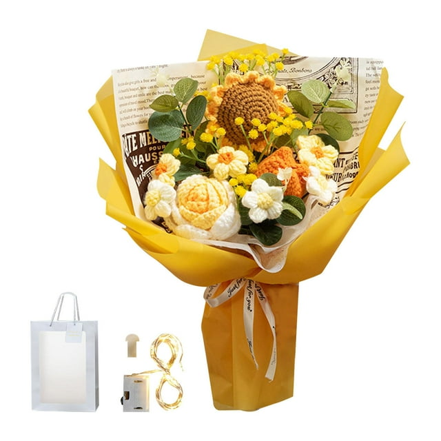 Ramo de flores de ganchillo terminado Flores de punto Regalo de San Valentín Artificial Amarillo
