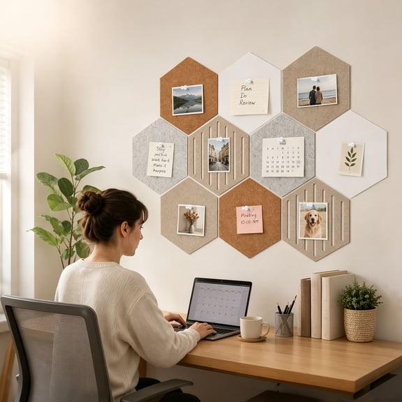 10pcs Hexagonal Felt Notice Board Self Adhesive Hexagon Cork Board Alternative Decorative Felt Tiles Set with 30 Pins for Photo Wall Decoration
