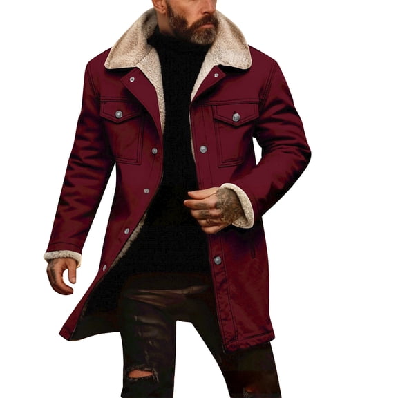Hogleaql Jackets for Men Vintage Faux Suede Retro Plush Thick Reversed Collar Long Sleeve Jacket Multi-Pocket Zipper Oversized In Winter Coat Wine M