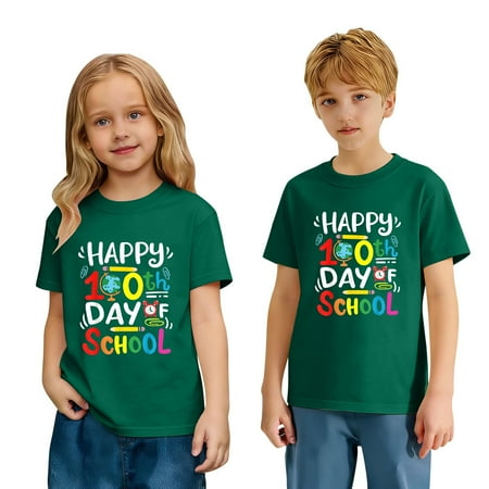 Wuxian Boys Girls Graphic T-Shirt Print 100 Days Of School Letter Print Short Sleeve Casual Crewneck Tees For Kids Youth Soft Breathable Shirt Daily Wear Layering Tees Dark Green 2-3 Years