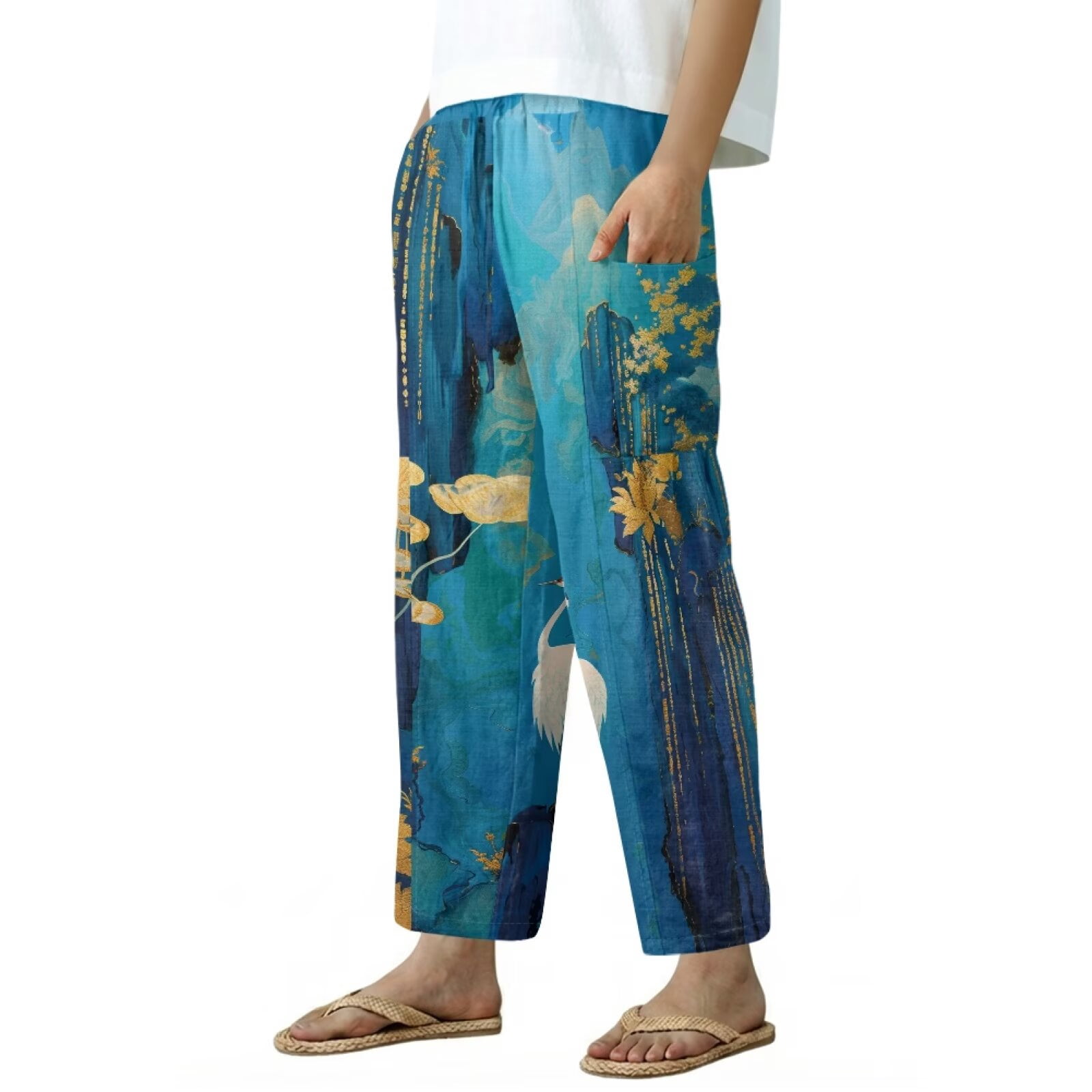 Yuyamidu Chinese Red Crowned Crane Womens Drawstring Straight Leg Pants with Pockets Loose Fit Line Palazzo Pants Petite High Waisted Lounge Trousers Chinese Print Outfits, Size 3XL
