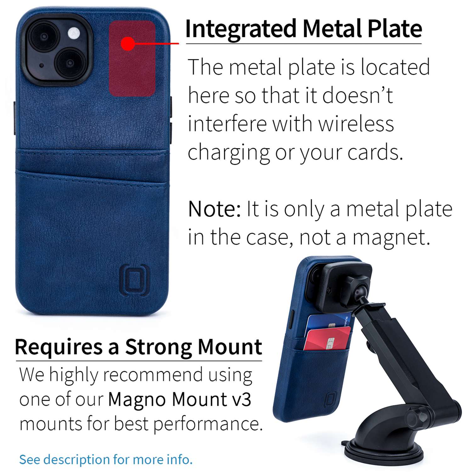 Dockem Card Case for iPhone 14 with Built-in Metal Plate for Magnetic Mounting & 2 Pockets: Exec M2 (Navy)