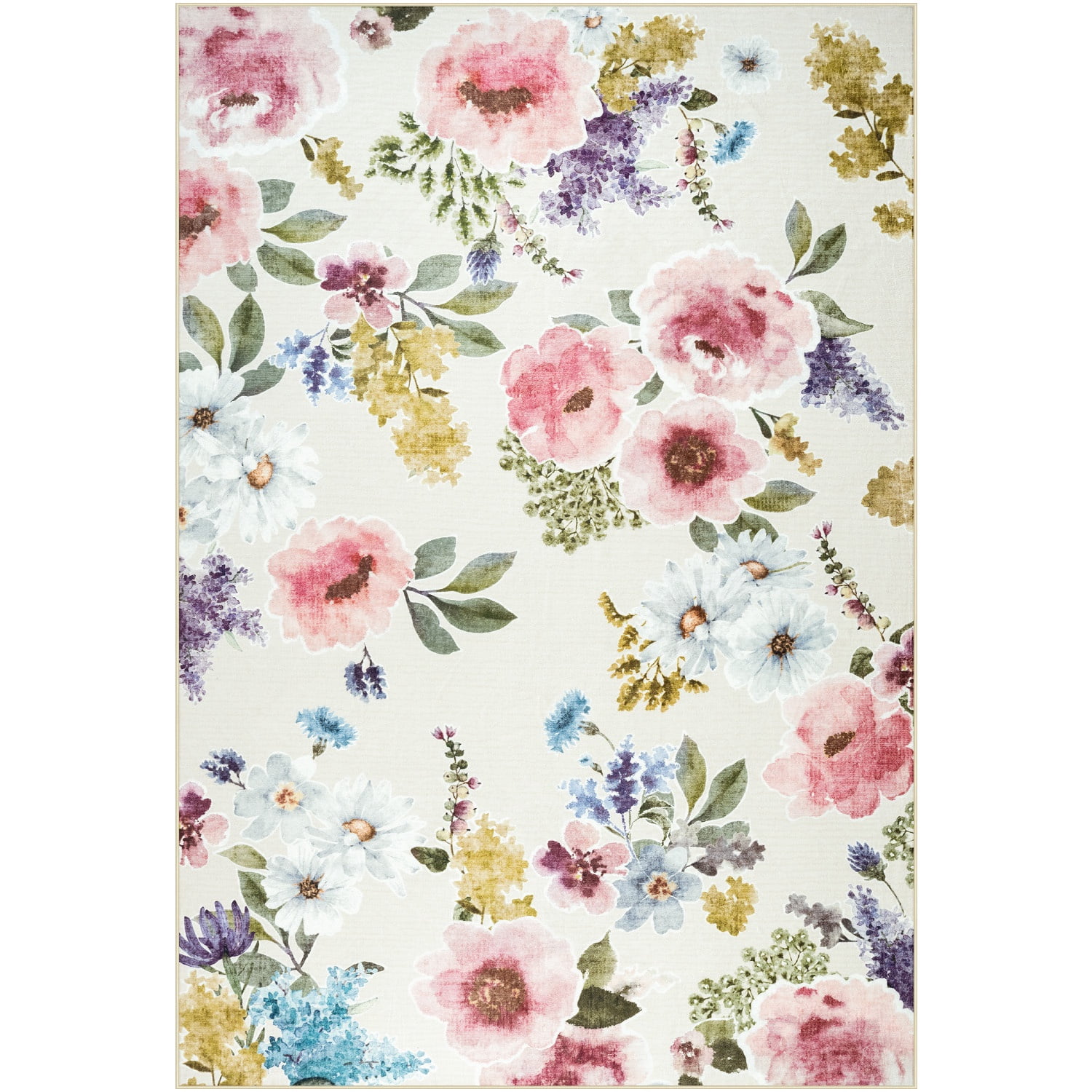 Wondo 6x9 Washable Floral Rug, Bright Floral Pattern Bohemian Rug for Bedroom, Low Pile Non-Slip Decorative Rug for Living Room, Kids Room, Office, Dining Room, Beige
