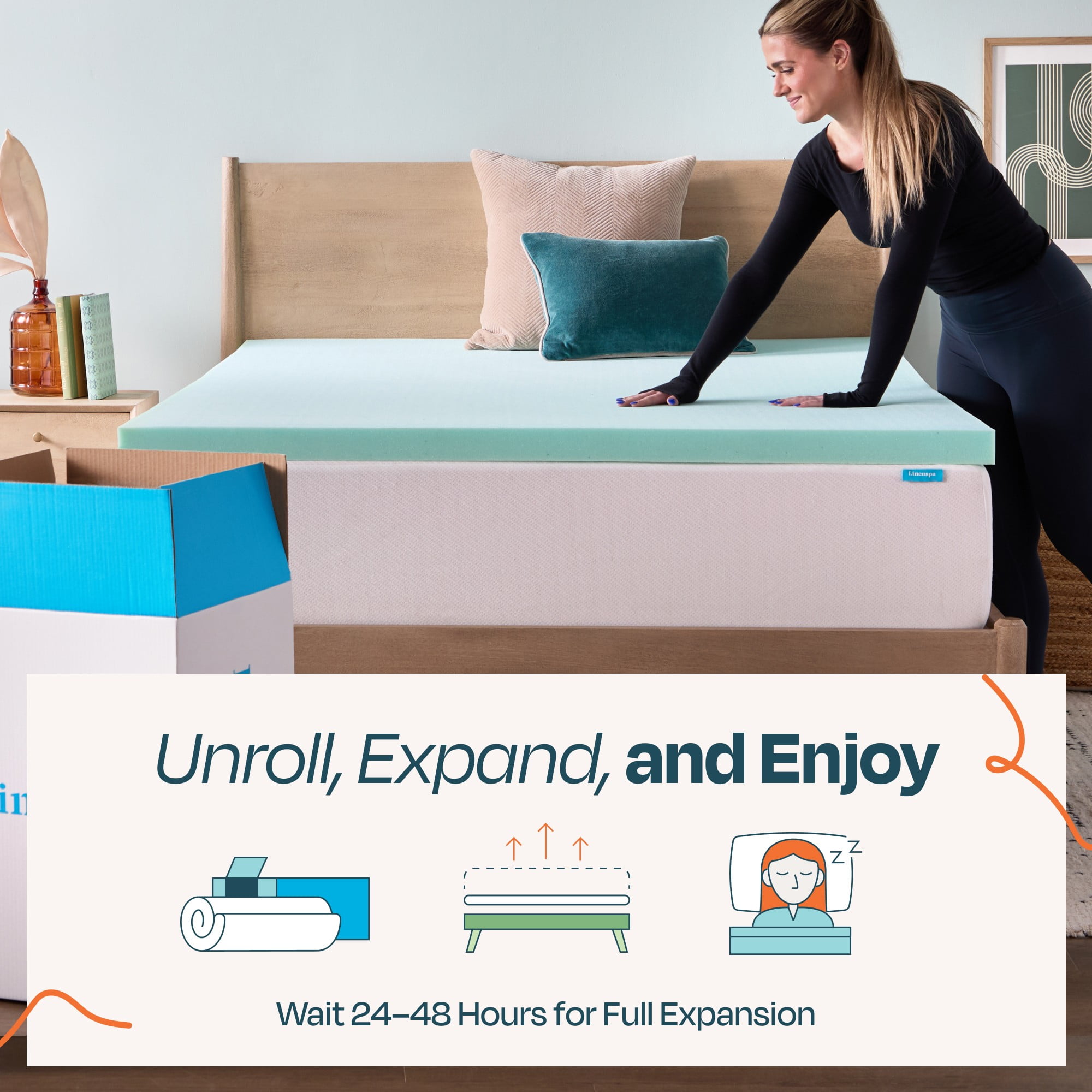 Linenspa 2" Cooling Gel and Green Tea Infused Memory Foam Mattress Topper, Full