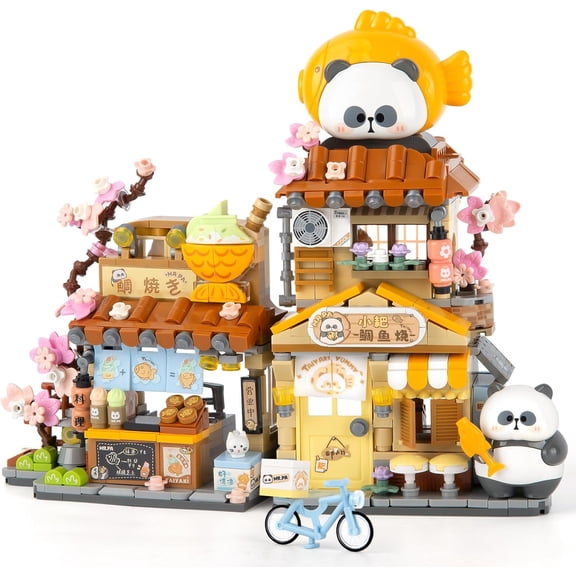 Street View Mini City Taiyaki Shop Building Set, Cute Panda Animals Building Toys Creative Architecture Set, Ideas Gifts for Adults Teens 14 (858PCS)