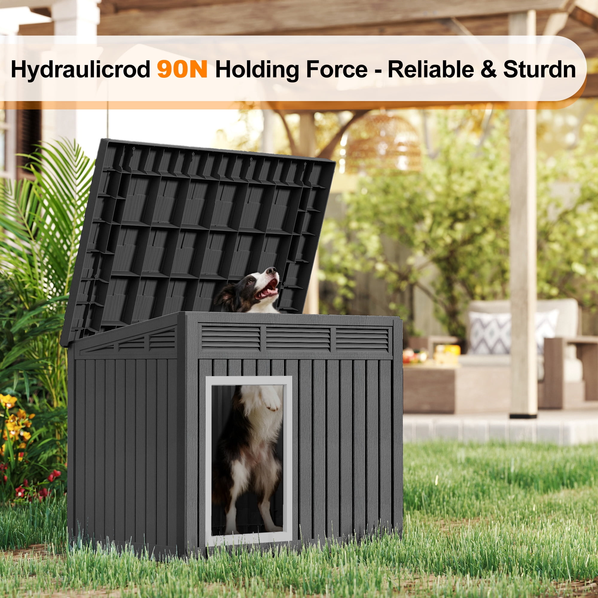 fazzn Nature Classic Dog House - Wooden Outdoor Shelter with Windproof and Rainproof Sealing and Ventilation, Suitable for Medium to Large Dogs - Black/Grey,Father's Day Gift