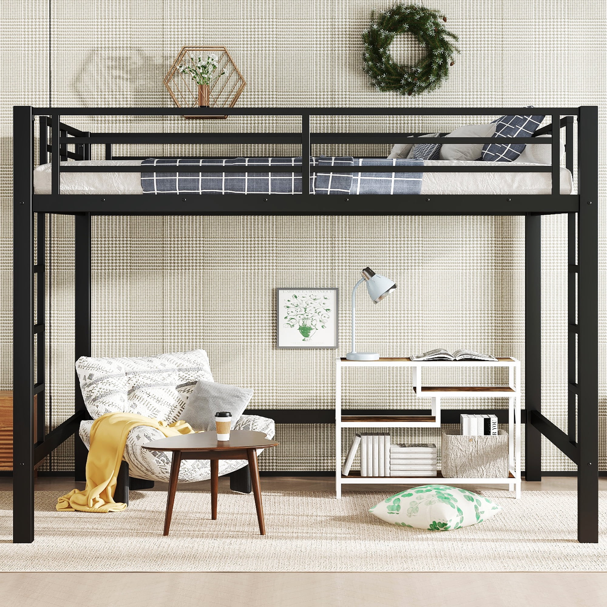 Leumius Loft Bed Queen Size,Heavy Duty Metal Bed Frame with Easy Climbing Ladder and Guardrails,Black