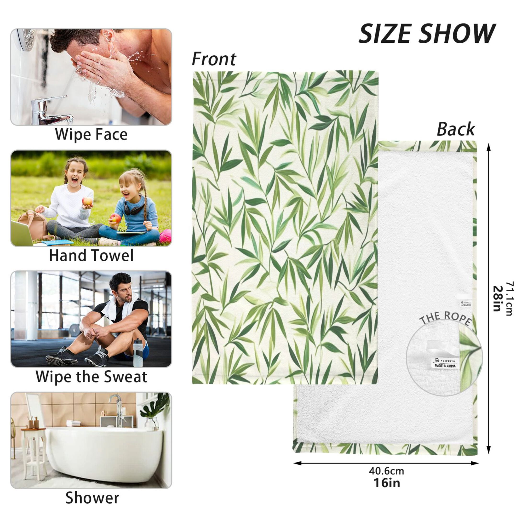 Cotton Towel Two-Piece 16x28 Inch One Sizex2 Face Towel Set Towel Set Cotton Hand Bath Towel Bathroom Beach Beautiful Green Bamboo Leaves