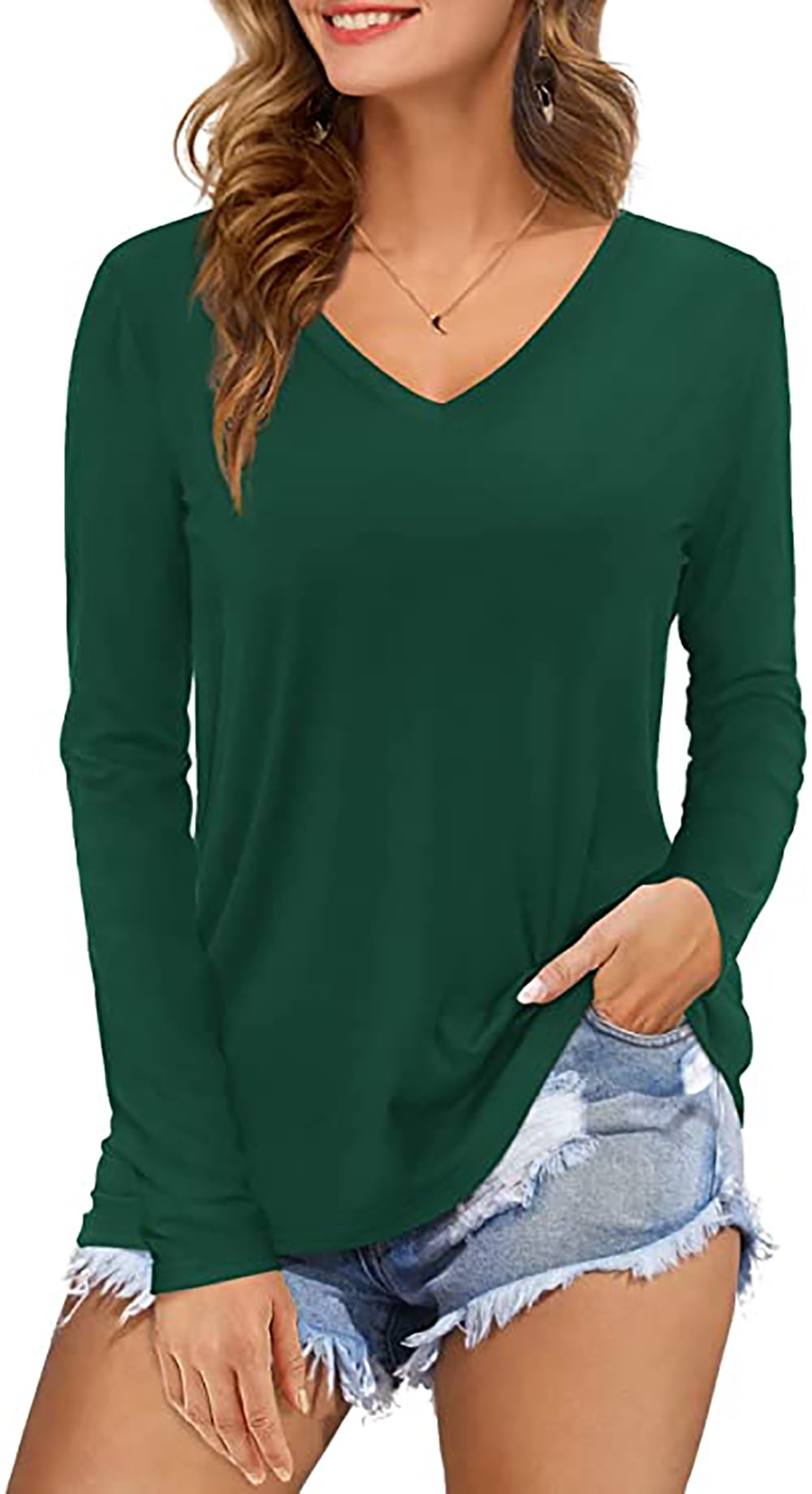 Fantaslook Long Sleeve Shirts for Women Casual V Neck Tops Tee Solid ...