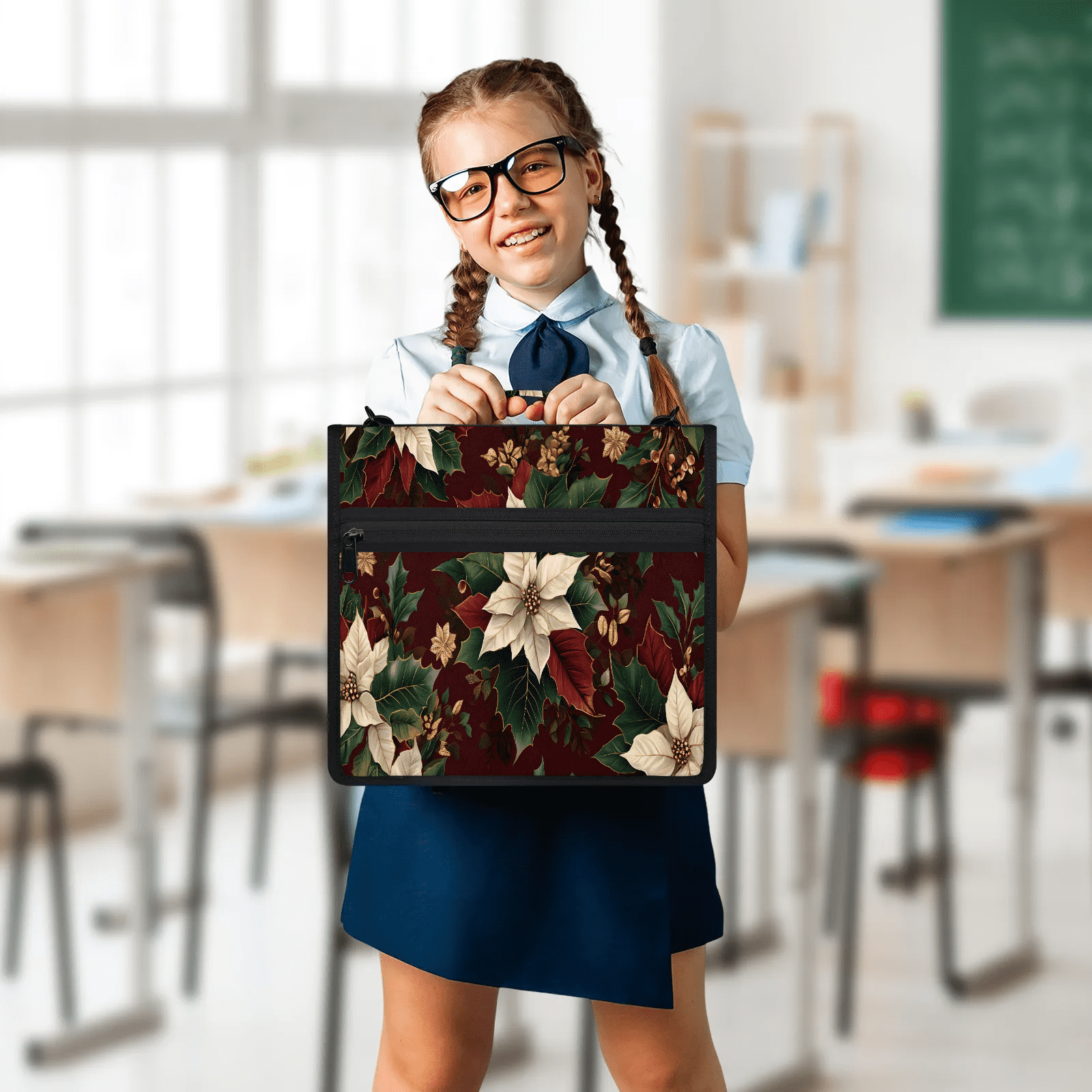 Herdesigns Christmas Poinsettia Zipper Binder with Shoulder Strap, Waterproof 1.5 Inch 3 D-Ring Binder Organizer Bag, Fits 13 Inch Laptop for Work, Red Winter Xmas