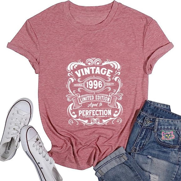 Trendfront Womens Vintage 1996 Graphic T Shirt Aged To Perfection Wine Label Print 30th Birthday Gifts Crewneck Short Sleeve Tee Summer Tops