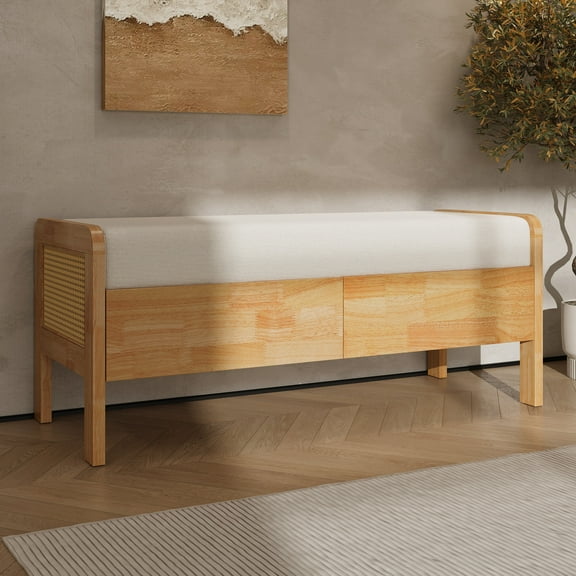 Christopher Knight Home 47" Upholstered Storage Ottoman Bench with 2 Drawers, PE Rattan Side, Wooden Legs, Oak Beige