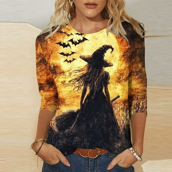 Kilaqueen Womens Halloween Tops 3/4 Length Sleeve Crewneck Casual Scary Funny Witch Graphic Shirts Vintage Festival Pumpkin Ghost Bat Tunic Tops