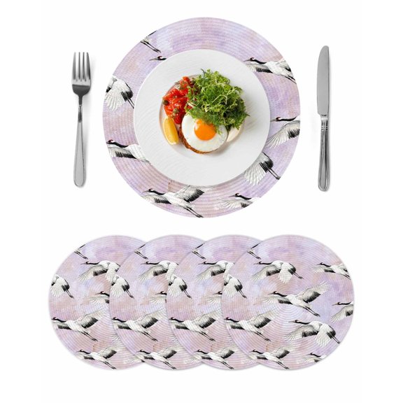 Purple White Birds Round 15 Inch Placemats Set of 4, Vintage Animals Farmhouse Retro Art HeatResistant Non Slip Place Mats for Dining Table, Wipeable Braided Kitchen Table Mats for Housewarming