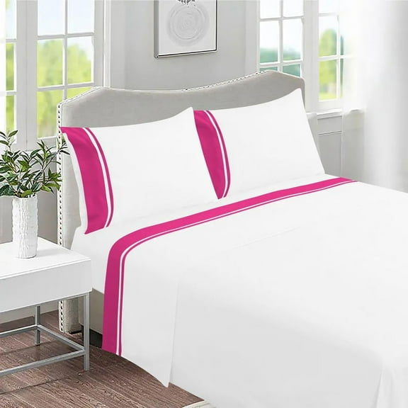 DNG Creations 4 Piece Two Tone Sheet Set 100% Egyptian Cotton, 800 Threads Count - 10 Inch Deep Pocket ( Solid White/Hot Pink - Twin )