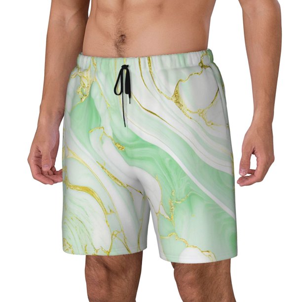Fotbe Green And Gold Abstract Marble Traje de Baño para Hombre – Shorts de Natación de Secado Rápido con Forro y Bolsillos-Small