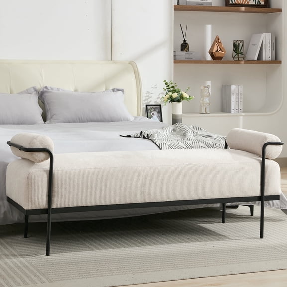 BRILHAMEZ 61"Upholstered Bench Chenille End of Bed Bench Metal Frame Porch Bench for Bedroom Living Room Hallway,Beige