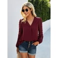 thumbnail image 3 of Women's Chiffon Blouse V Neck Pom Pom Tops Long Sleeve Swiss Dot Shirts, Burgundy, Large, 3 of 5