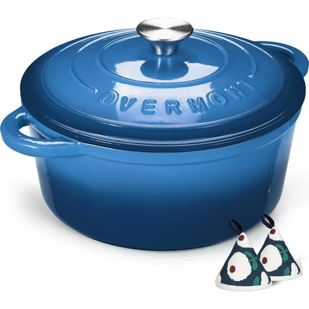 Horno holandés de hierro fundido esmaltado Overmont - Olla de 5.5 cuartos con tapa, libro de cocina y agarraderas de algodón - Utensilios de cocina resistentes para estofar, guisar, asar y hornear pan