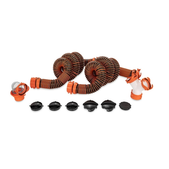 RhinoEXTREME 21056 Trousse de Boyau d'Égout de 20 Pieds pour VR avec Réservoirs de Maintien en Tandem - Trousse Prête à l'Emploi - Comprend un Adaptateur 4-en-1, des Capuchons de Rangement et un Raccord Pivotant de Liaison